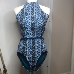 Blue white and black one piece swimsuit